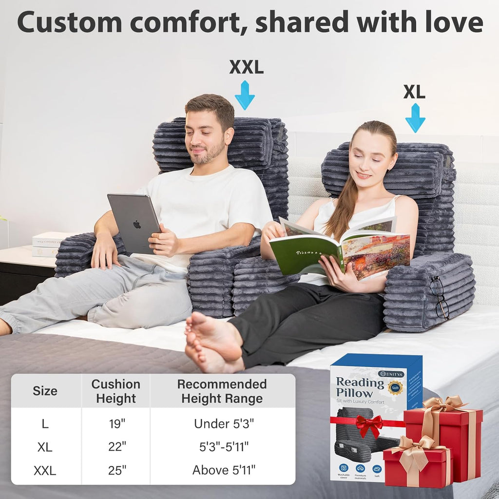 ENITYA 22" XL Back Pillow for Bed Sitting Up, Reading Pillow with Armrests & Big Pockets, Soft Back Support Chair, Ideal for Watching TV…