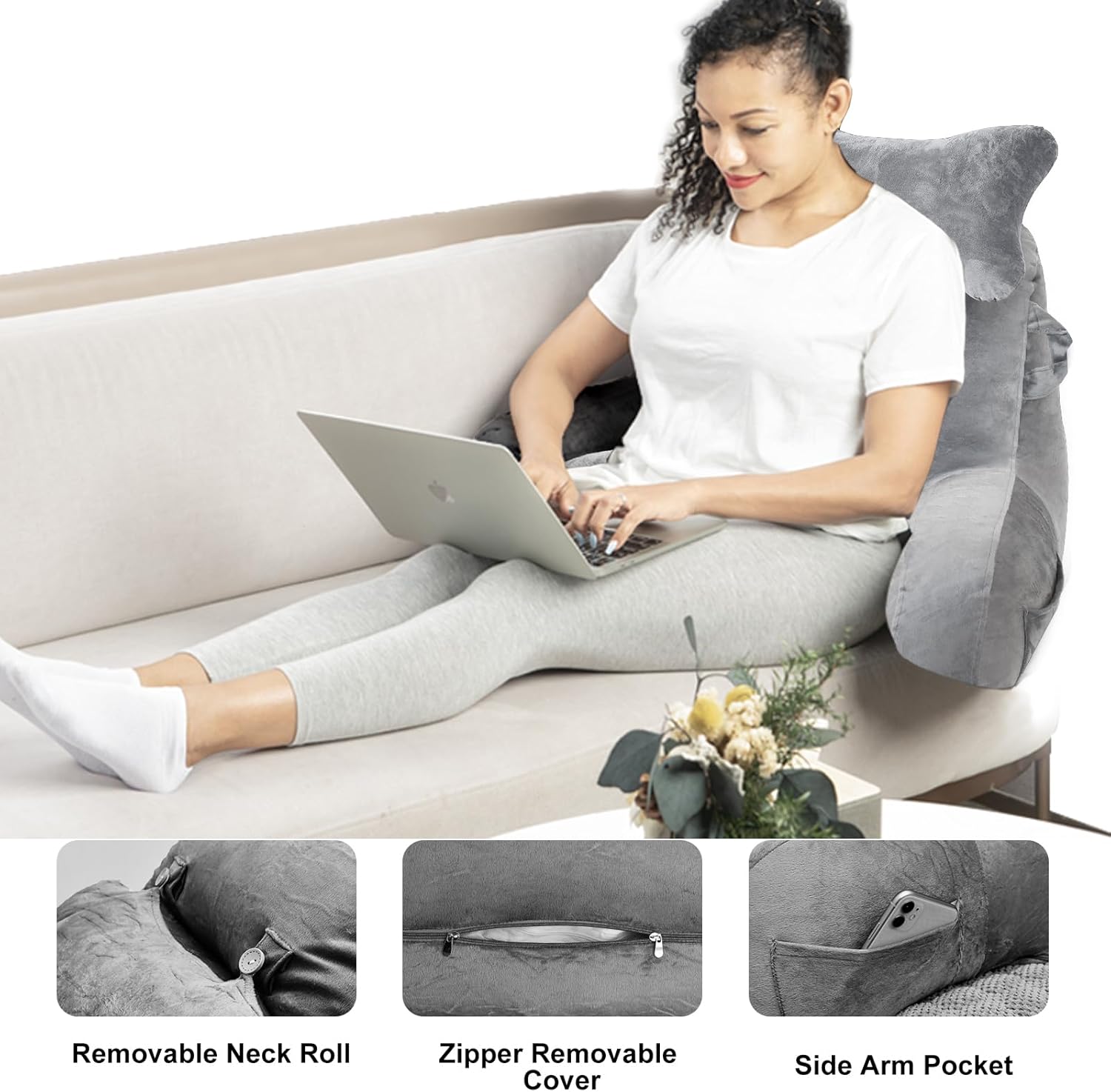 SLIGUY Reading Pillow for Sitting in Bed Couch Adult, Back Pillow with arm Support and Pockets, Adult Back Pillow Bed Chair for Bed Rest…