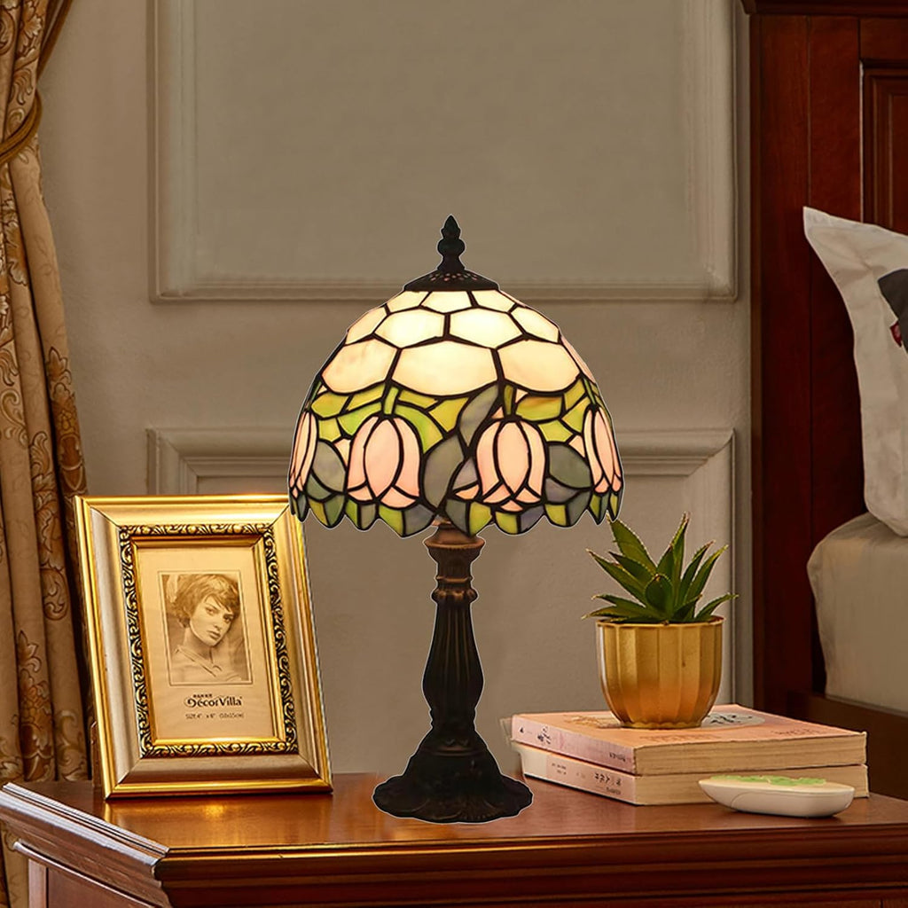 Tiffany Style Table Lamp, Pink Tulip Stained Glass Lamp, 8 Inch Small Antique Lamp, for Bedside Nightstand Bedroom Living Room Home…