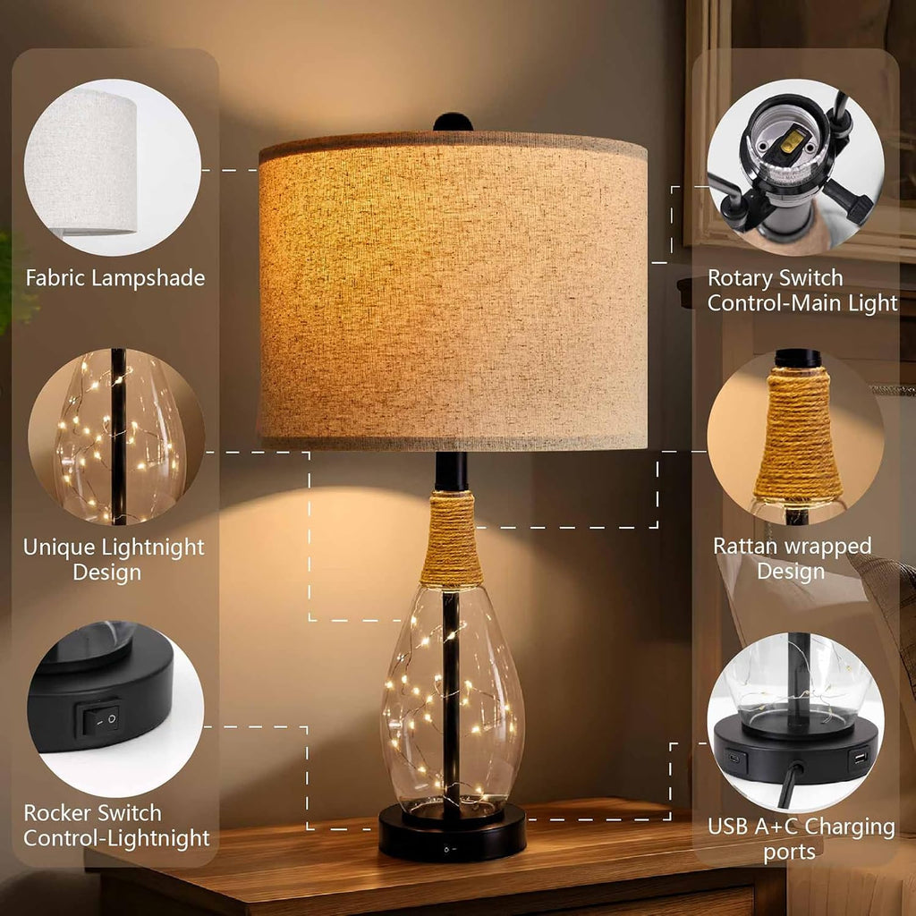 OYEARS Bedside Table Lamp with USB, 23‘’ Black Modern Nightstand Lamps for Bedroom, Retro Rattan Table Lamps for Night Stands, Living…