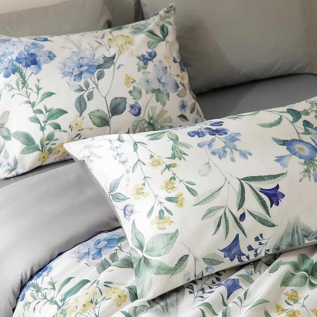 mixinni Reversible Floral Duvet Cover Set King Size, 3 Piece Blue Green Botanical Bedding Set with Zipper Closure & 4 Corner Ties, Farmhous…