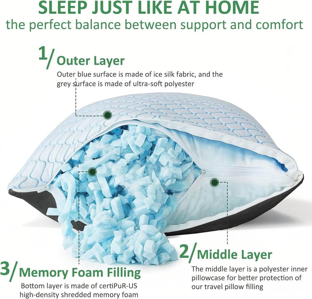 Gehannah Travel Pillow - Large 1 Pack Compressible Camping Pillow for Sleeping - Shredded Memory Foam with 1 Storage Bags - Supportive for…