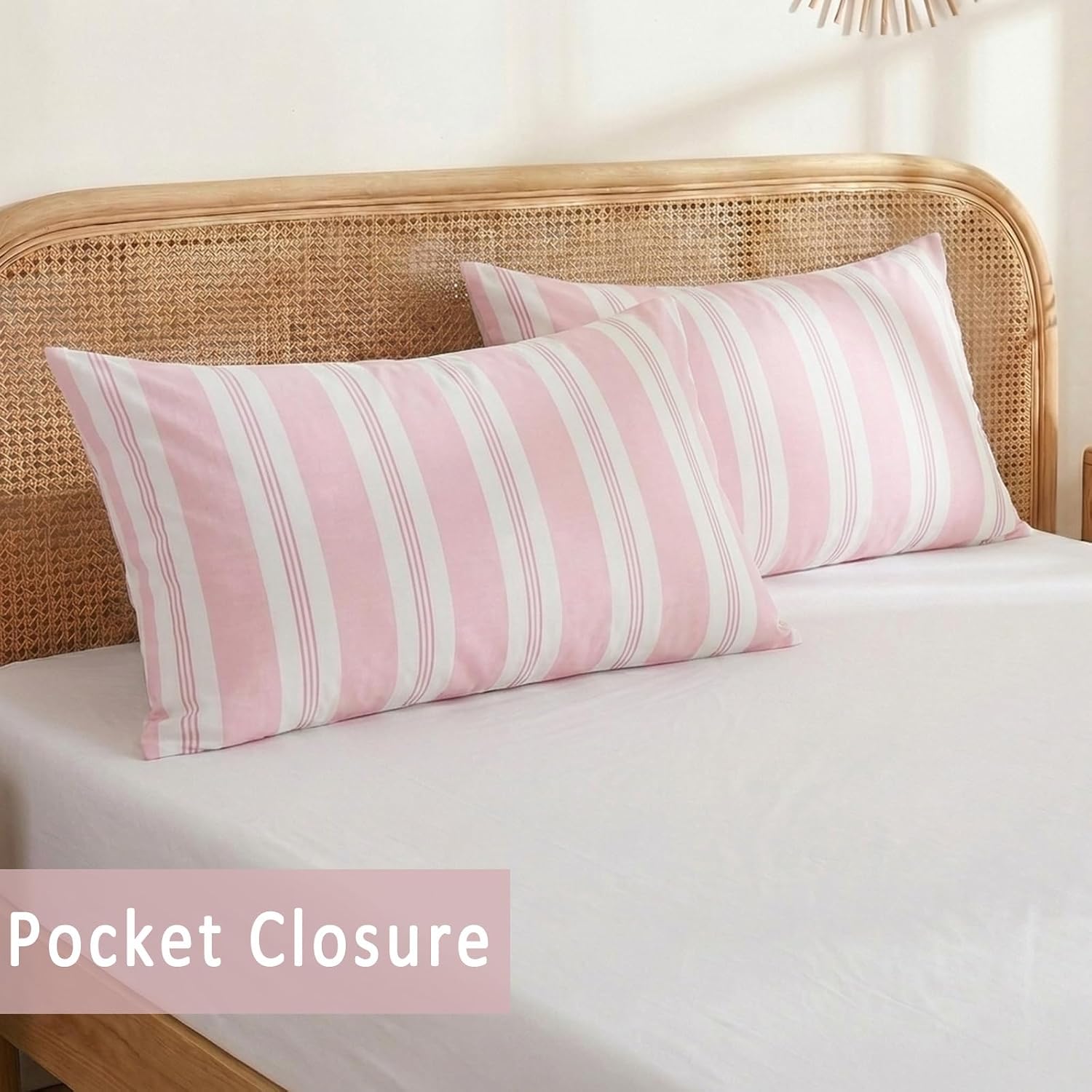 Merryword Pink Striped Pillowcases, 100% Cotton Pillow Cases, Queen Size Pillowcases, Luxury Linen Like Pillowcase, Soft Breathable Stripe…