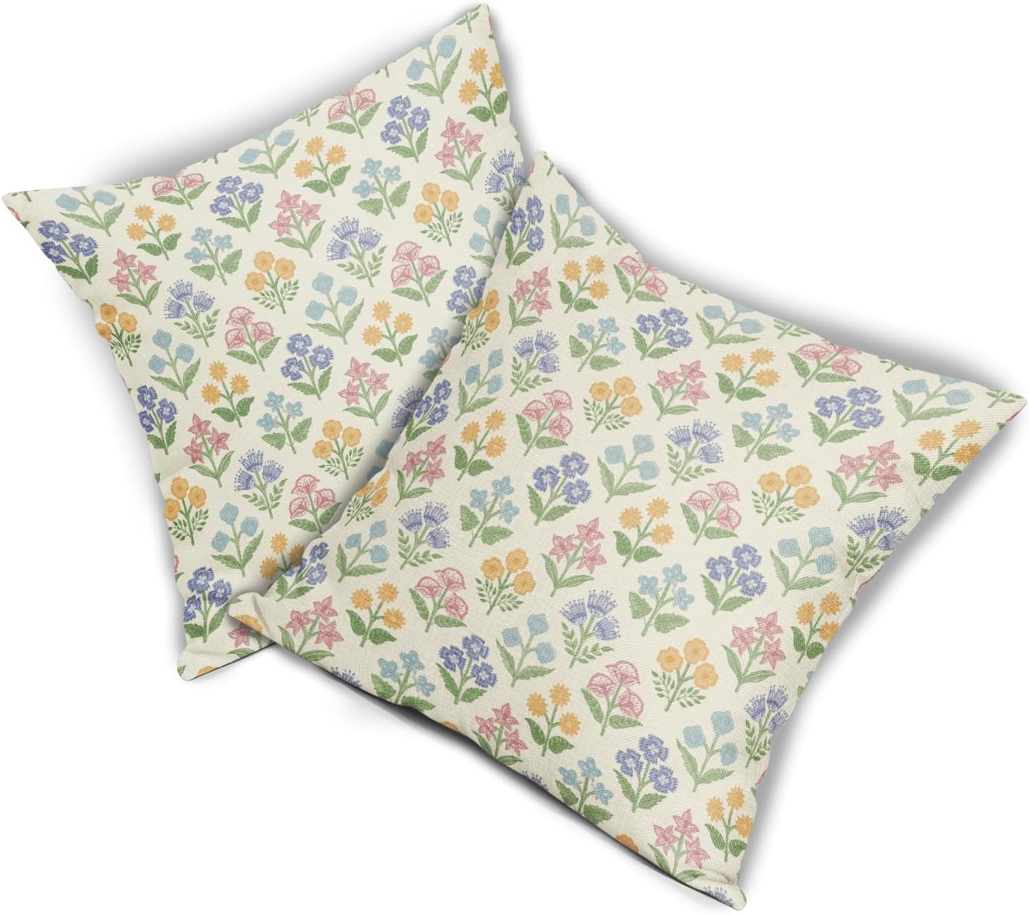 Spring Floral Easter Block Print Pillow Covers 18x18 Inch Set of 2, Pink Yellow Blue Purple Flower Holiday Decorative Throw Pillowcases…