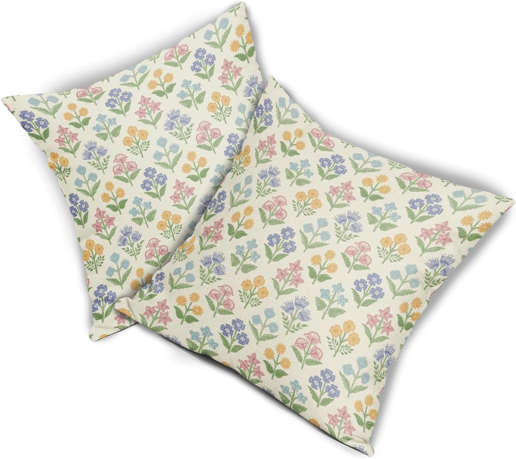 Spring Floral Easter Block Print Pillow Covers 20x20 Inch Set of 2, Pink Yellow Blue Purple Flower Holiday Decorative Throw Pillowcases…
