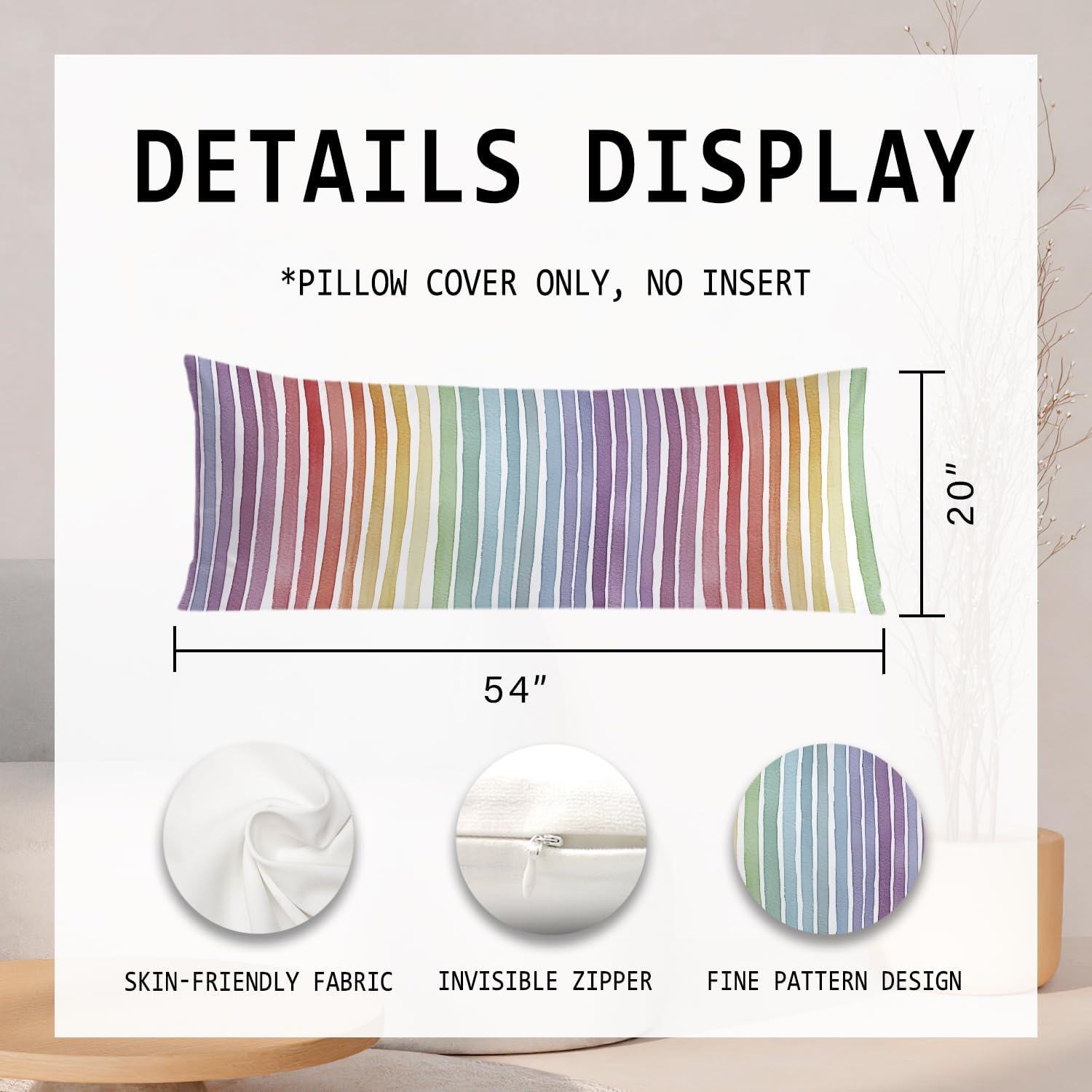 Boho Colorful Striped 20x54 Body Pillow Cover, Minimalist Boho Watercolor Rainbow Striped Decorative Long Body Pillow Cases for Kids Room…