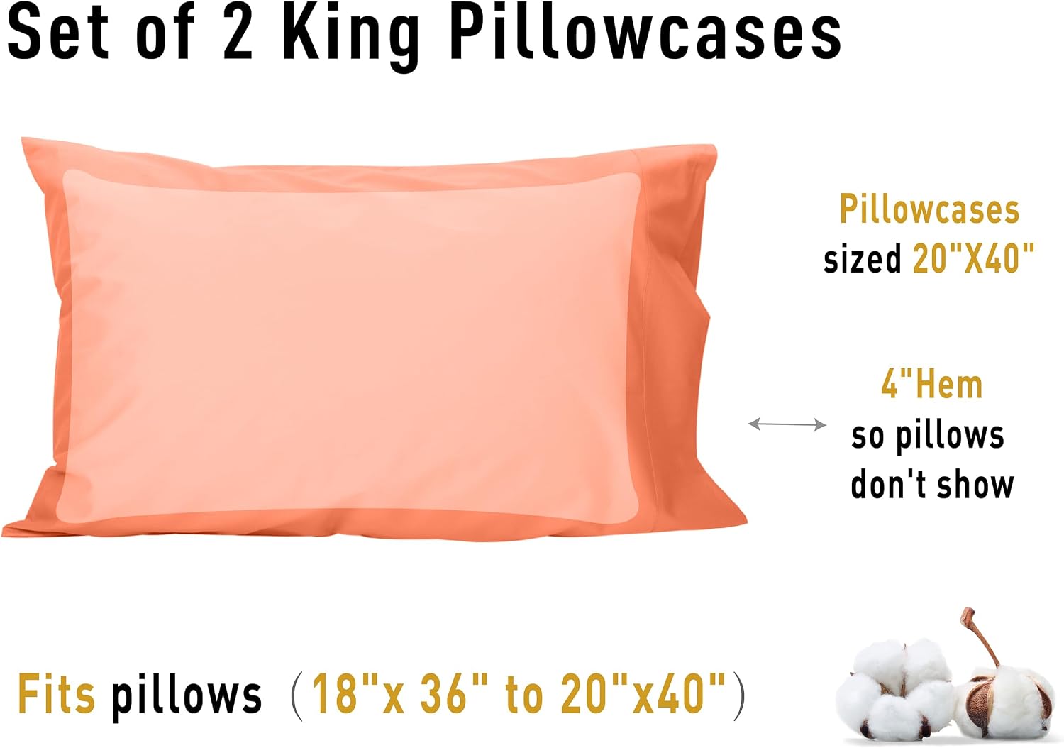 Sunflower King Pillowcases Set of 2, 100% Cotton King Size Pillow Cases 2, 20×40 inches Coral, Soft and Breathable