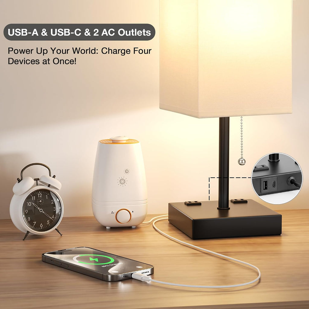 Aooshine White Table Lamp for Bedside - 3 Color Temperature 3000K 5000K 4000K Bedroom Lamp, Pull Chain Control, USB A and C Ports, AC Outle…