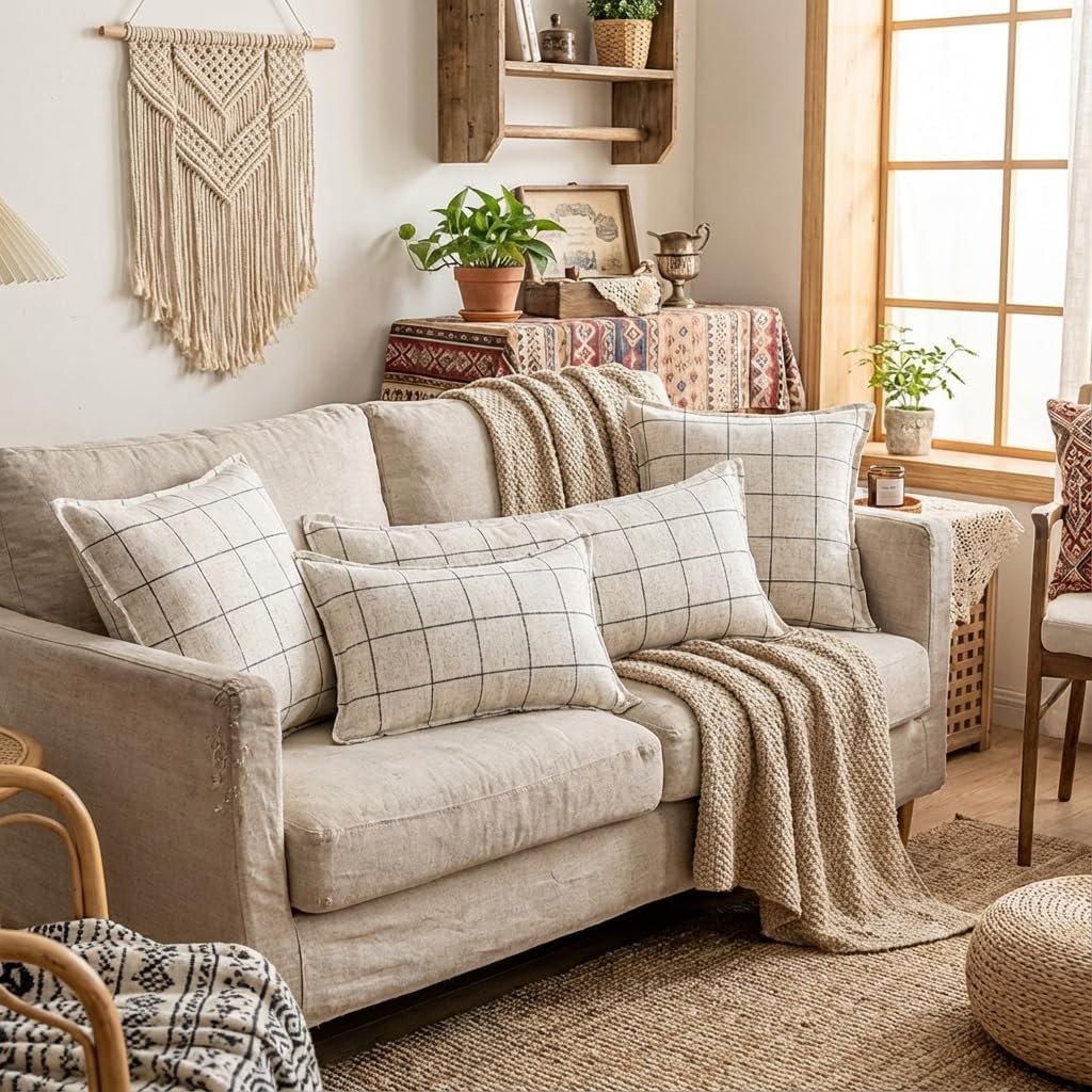 Cream White Plaid Throw Pillow Covers 18x18 Set of 2, Boho Decor White Checkered Decorative Pillows for Couch 18 x 18, Modern Farmhouse…