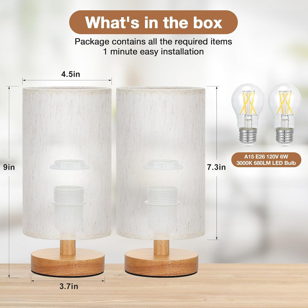 Fenmzee Small Lamps Set of 2 - Inline Control, Bedside Table Lamp for Bedroom with 3000K A15 LED Blub, Easy Assembly (Cream Shade - Wood…