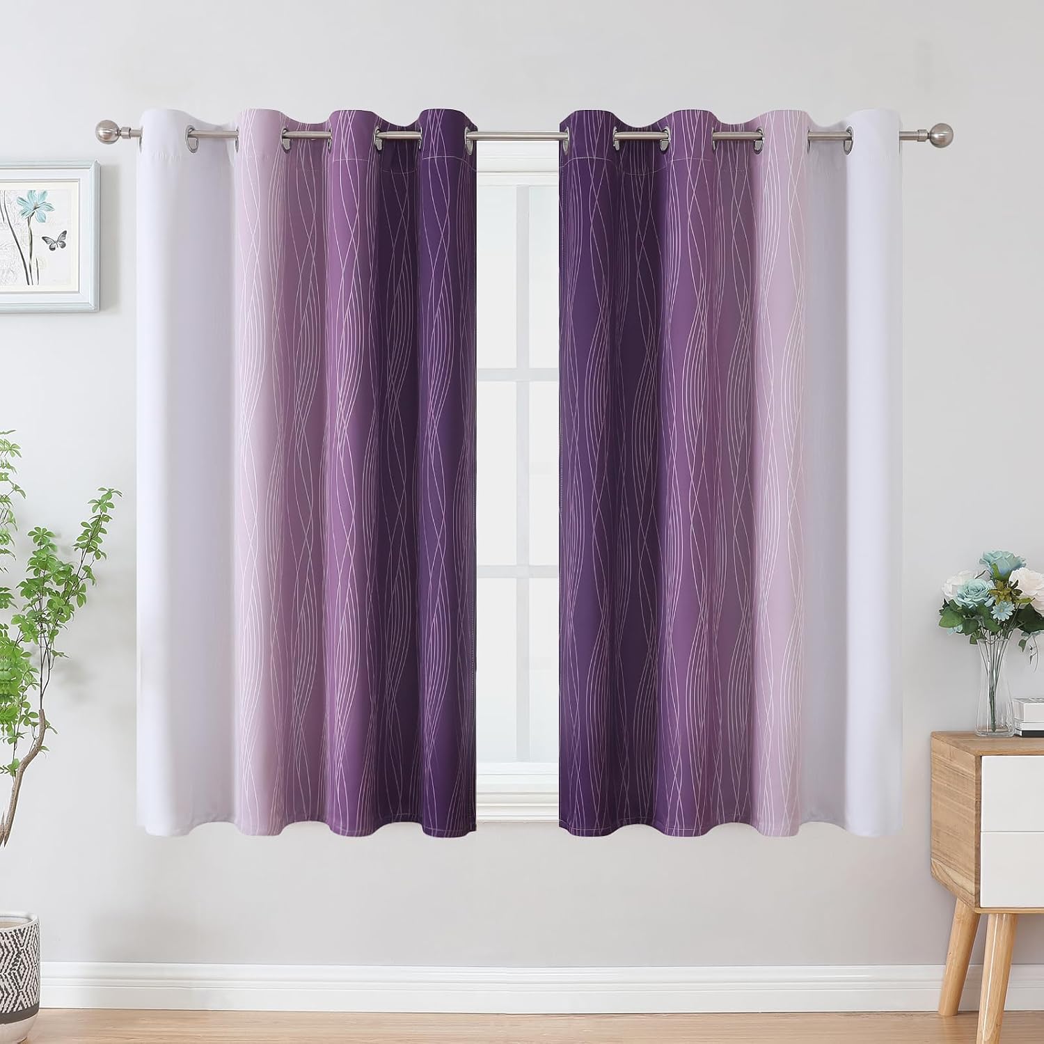 Estelartextiler Estelar Textiler Purple and Greyish White Blackout Curtains 54 Inch Length, Light Blocking Gradient Grommet Drapes for Livi…