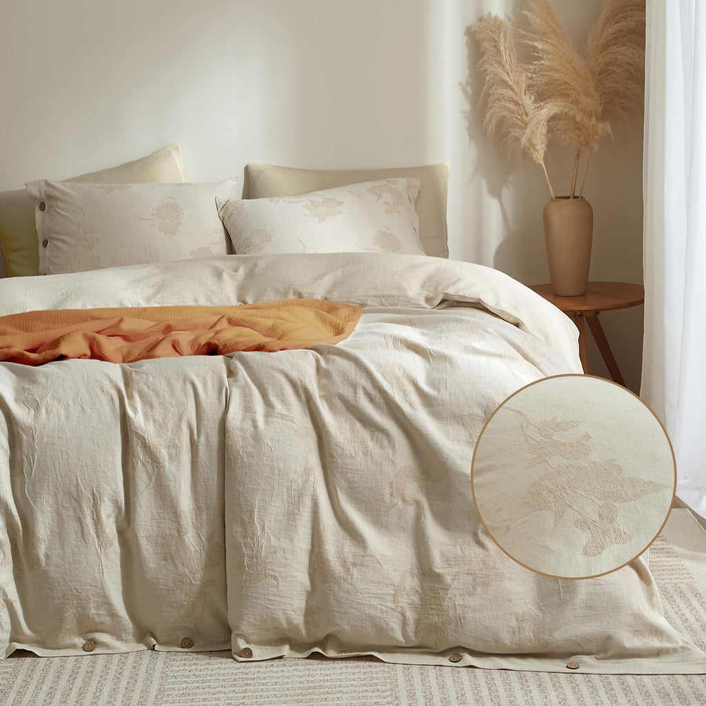 mixinni King Duvet Cover Set - 70% Cotton 30% Linen Blend, Bohemian Floral Jacquard 3-Piece Comforter Cover with 2 Pillowcases, Soft…