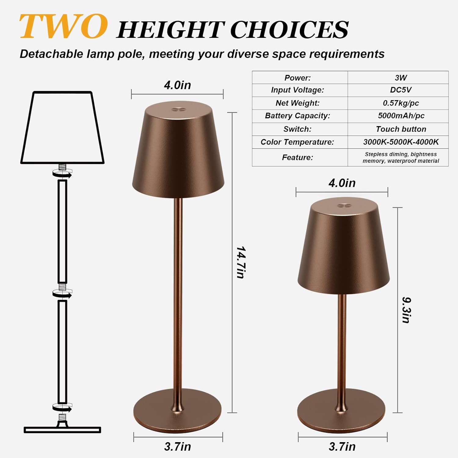 Cordless Table Lamp Rechargeable Brown - KK 2 Pack 5000mAH Battery Operated Lamp for Counter, 3 Color Stepless Dimming Wireless Lamp for…