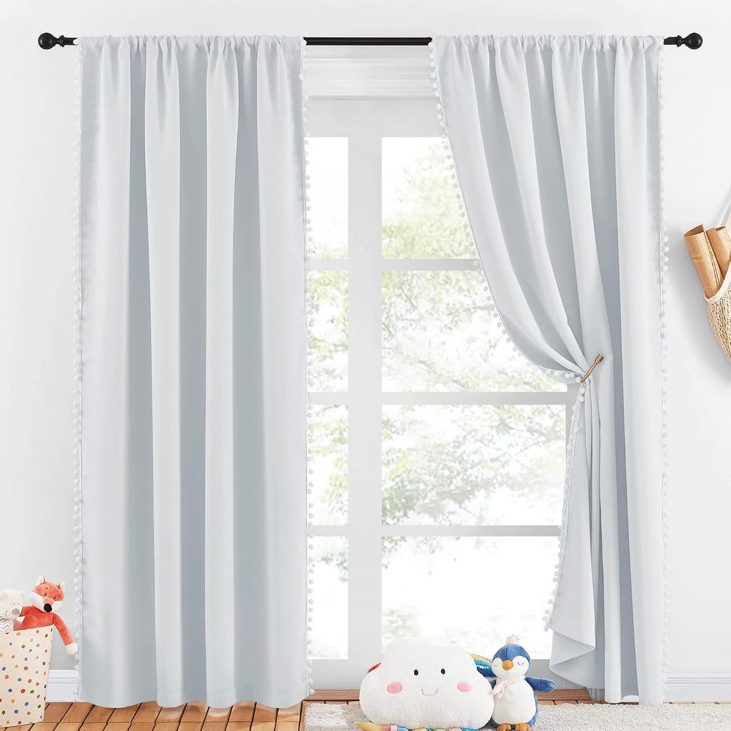 NICETOWN Pom Poms Trimming Blackout Curtains, Farmhouse Blackout Window Curtains Set of 2 Panels, Thick Thermal Insulated Vertical Drapes…