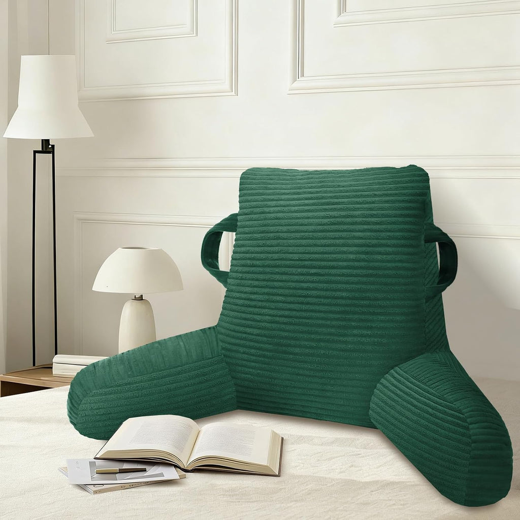Reading Pillow for Sitting in Bed Adult, Bed Reading Pillow with Shredded Memory Foam, Back Pillow for Sitting with Arms and Pockets, Green