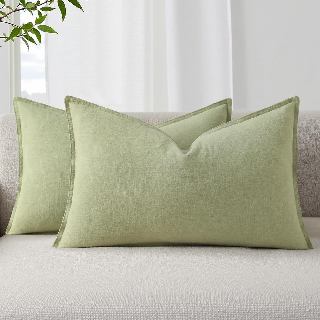 decorUhome Summer Decorative Linen Throw Pillow Covers 12x20 Inch Set of 2 Sage Green Lumbar Pillow Covers with Flange Edges Soft Farmhouse…