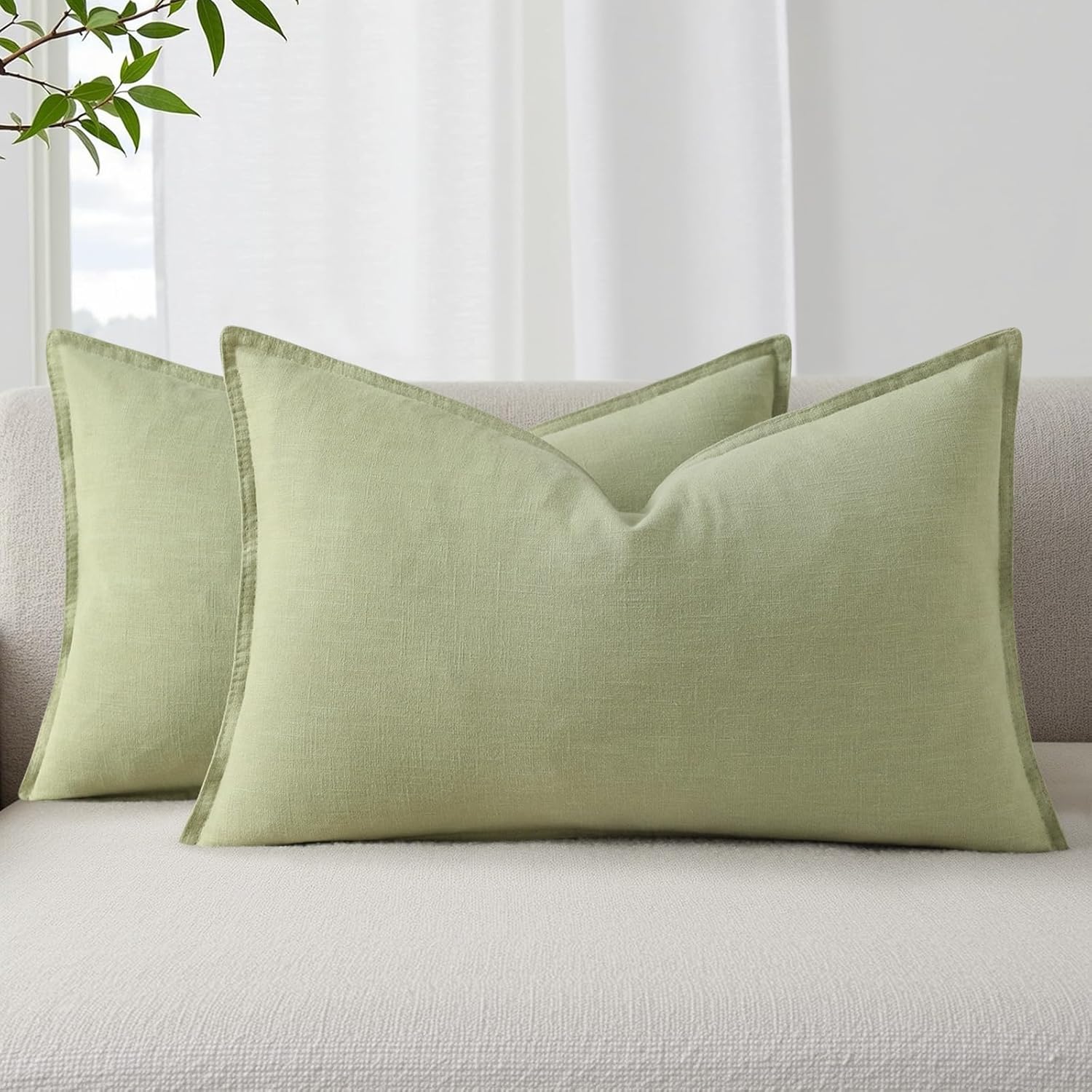 decorUhome Summer Decorative Linen Throw Pillow Covers 12x20 Inch Set of 2 Sage Green Lumbar Pillow Covers with Flange Edges Soft Farmhouse…