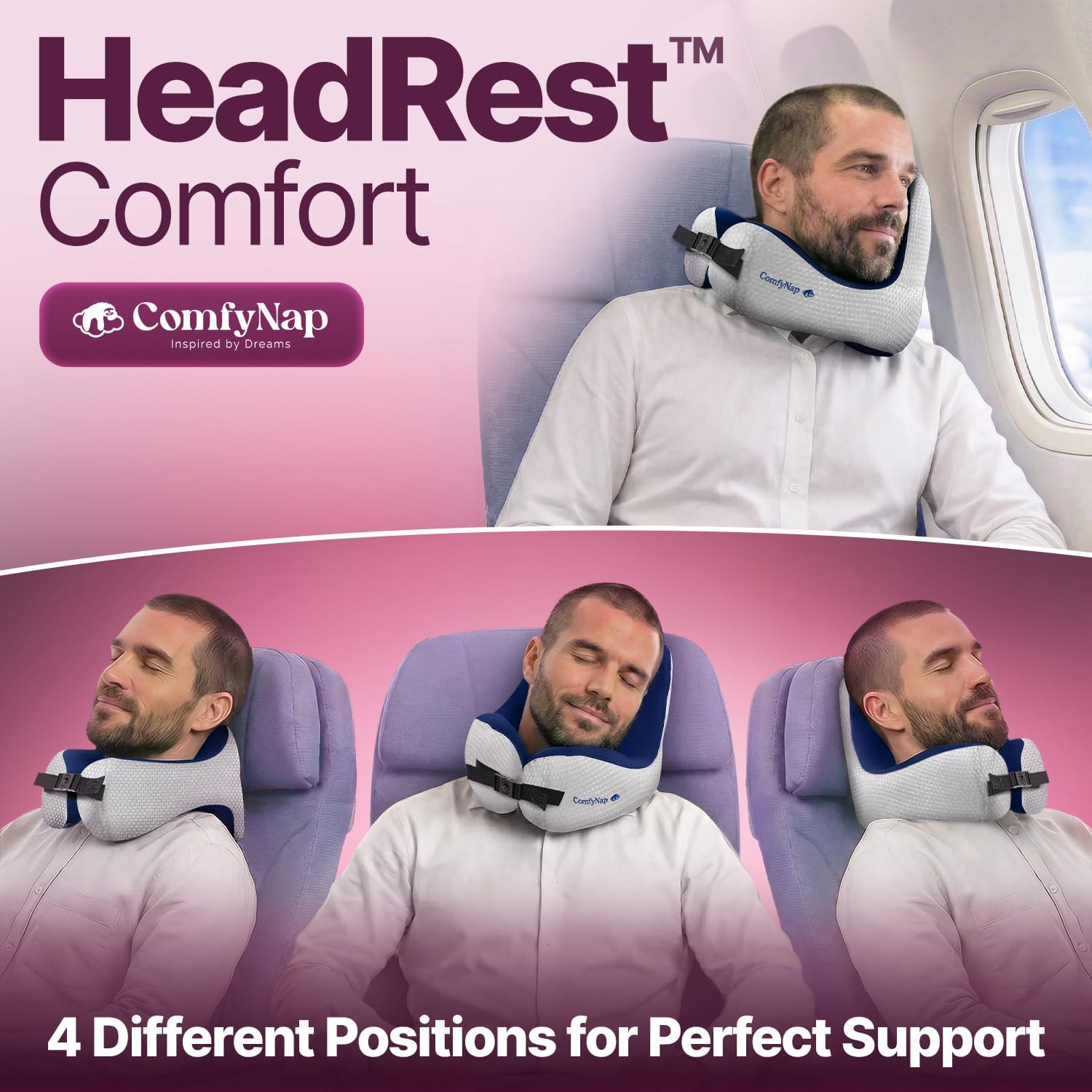 ComfyNap® Versatile Travel Neck Pillow for Airplane [Patented], 9 Positions in 3 Techniques, Plane Pillow with Pure Memory Foam, Travel…