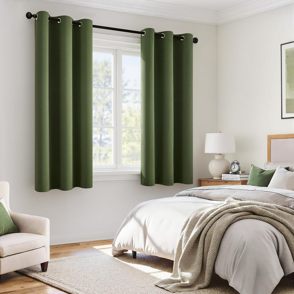 Miulee Olive Green 100% Blackout Curtains for Bedroom 63 Inch Long, 2 Thick Layers Thermal Insulated Black Out Window Curtains with Black L…