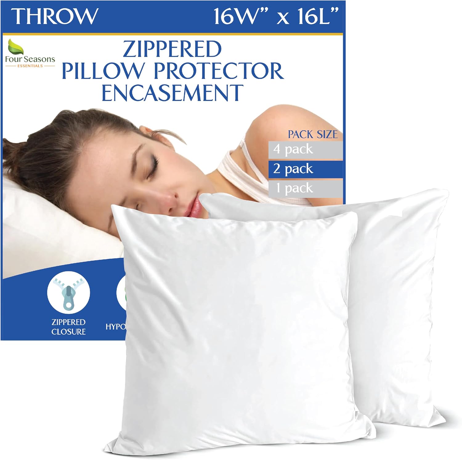 Euro Size Pillow Protectors (Set of 2) - European Square 16x16 Pillow Covers Waterproof Hypoallergenic Dust Proof Zippered Encasement