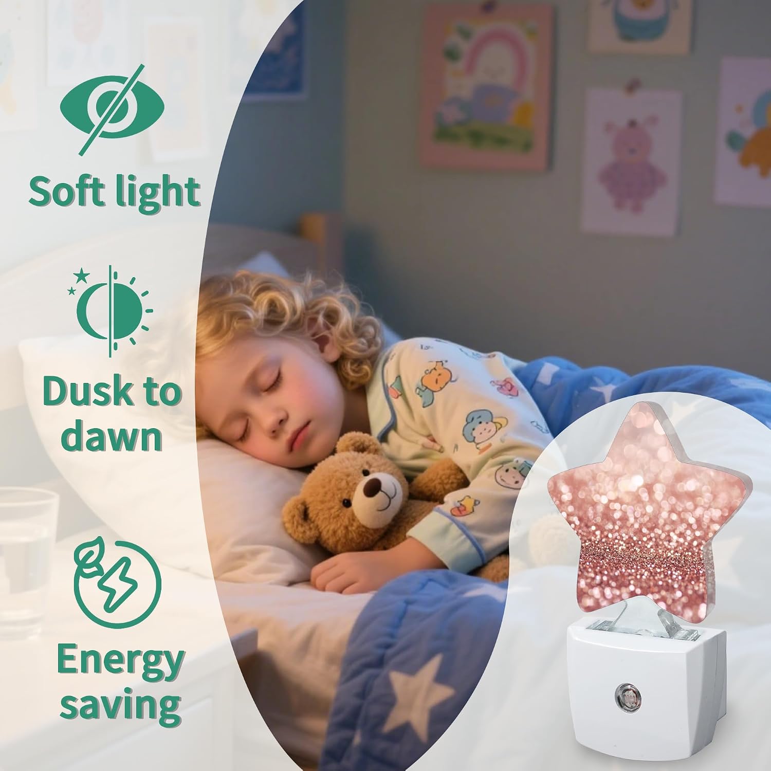 Star Night Light Plug in, Pink Glittering Dusk to Dawn Sensor Night Light, Soft Glow Lamp for Kids Bedroom Nursery Hallway Bathroom…
