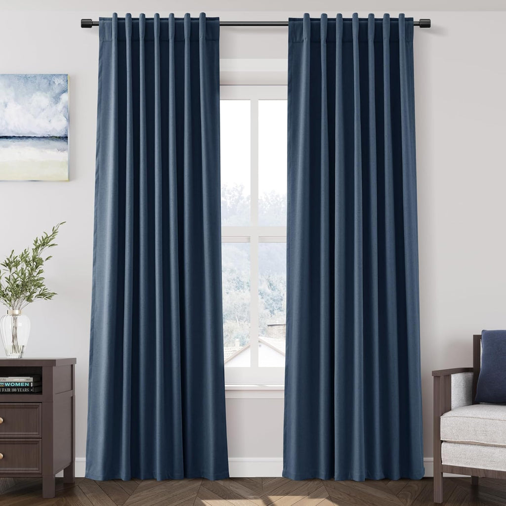 Nanspring Denim Blue 100% Blackout Linen Curtains 84 Inch Length 2 Panels Set for Bedroom Back Tab Modern Farmhouse Decor Black Out Curtain…