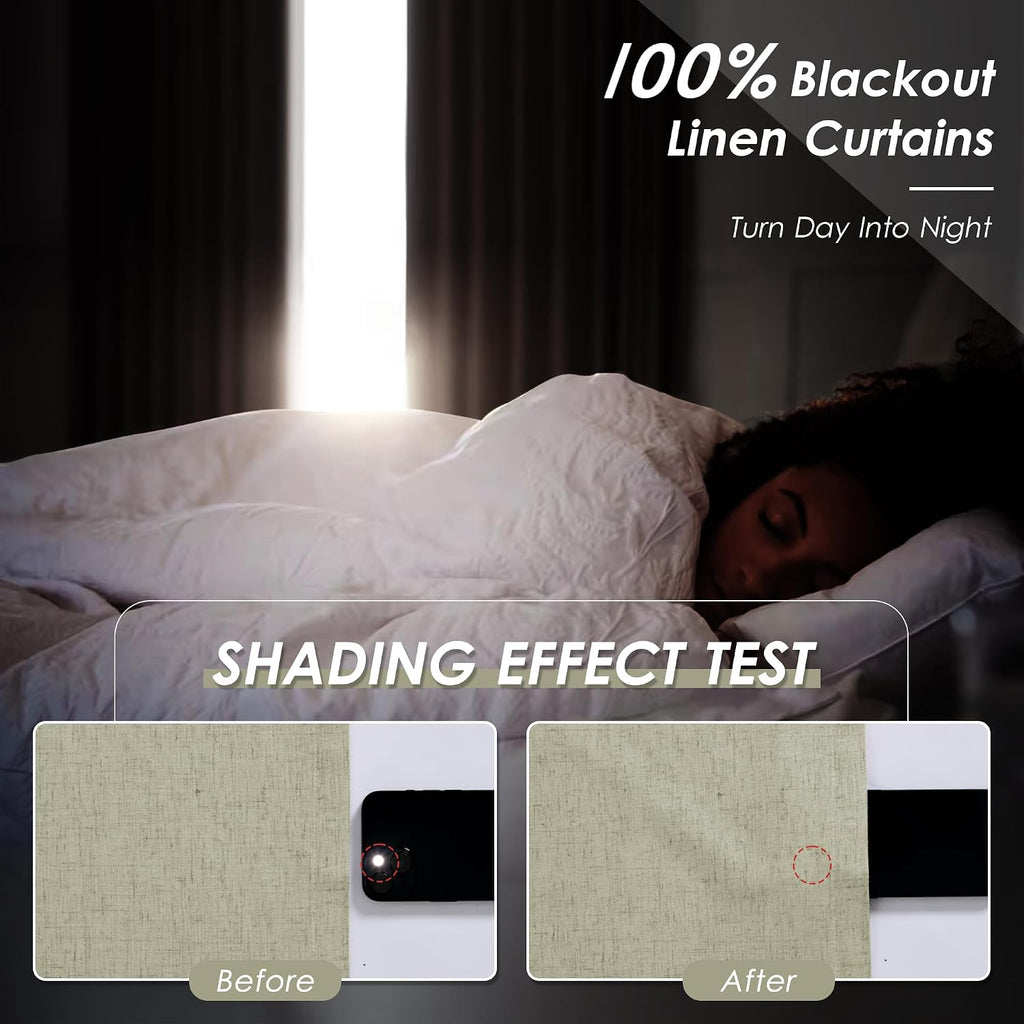 Nanspring Sage Green 100% Blackout Linen Curtains for Bedroom 102 Inches Long Back Tab Thermal Insulated Farmhouse Decor Coastal Black Out…