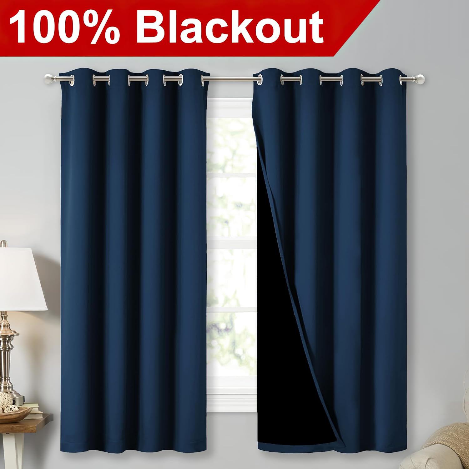 Nicetown 100% Blackout Curtains with Black Liners, Thermal Insulated Full Blackout 2-Layer Lined Drapes, Energy Efficiency Window Draperies…
