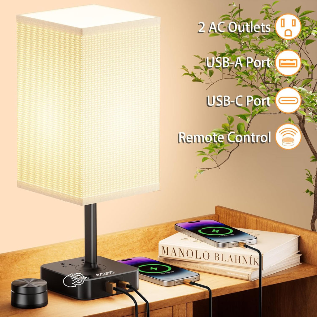 Remote Control Bedside Lamp with USB-C & USB-A Charging Ports, 2 AC Outlets, Stepless Dimming Nightstand Lamp for Bedroom- Touch & Remote…