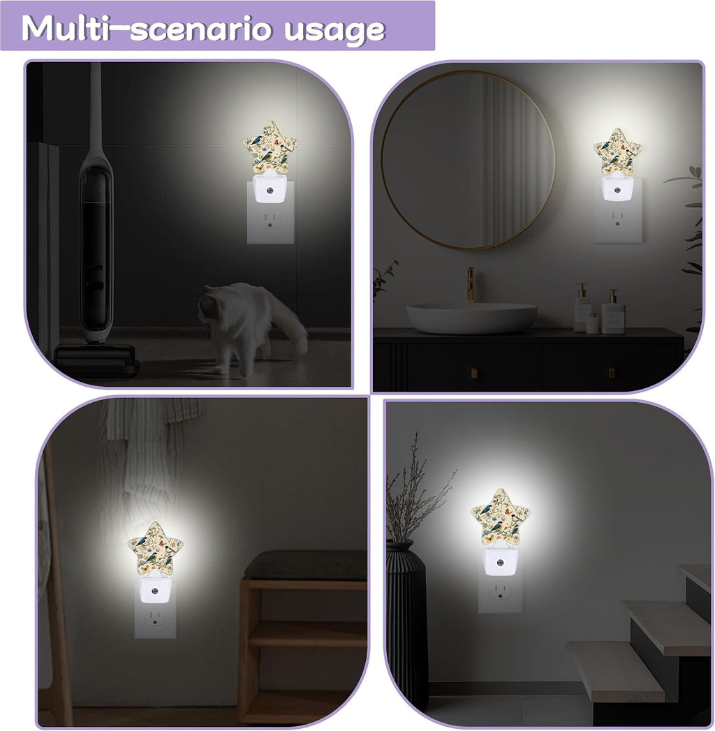 Birds Butterfly Decorative Nightlight Plug in Wall, Watercolor Floral Star Shaped Night Light with Built in Sensor for Home Decor, Kitchen…