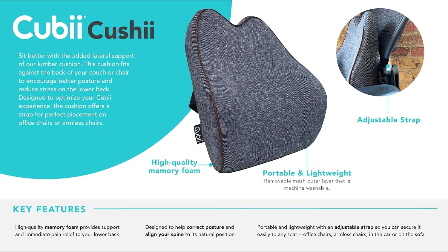 Cubii Cushii Back Support Cushion for Back and Lower Back Relief Universal Fit for Desk, Office, Kitchen Chairs, Couch Cushions with Advanc…