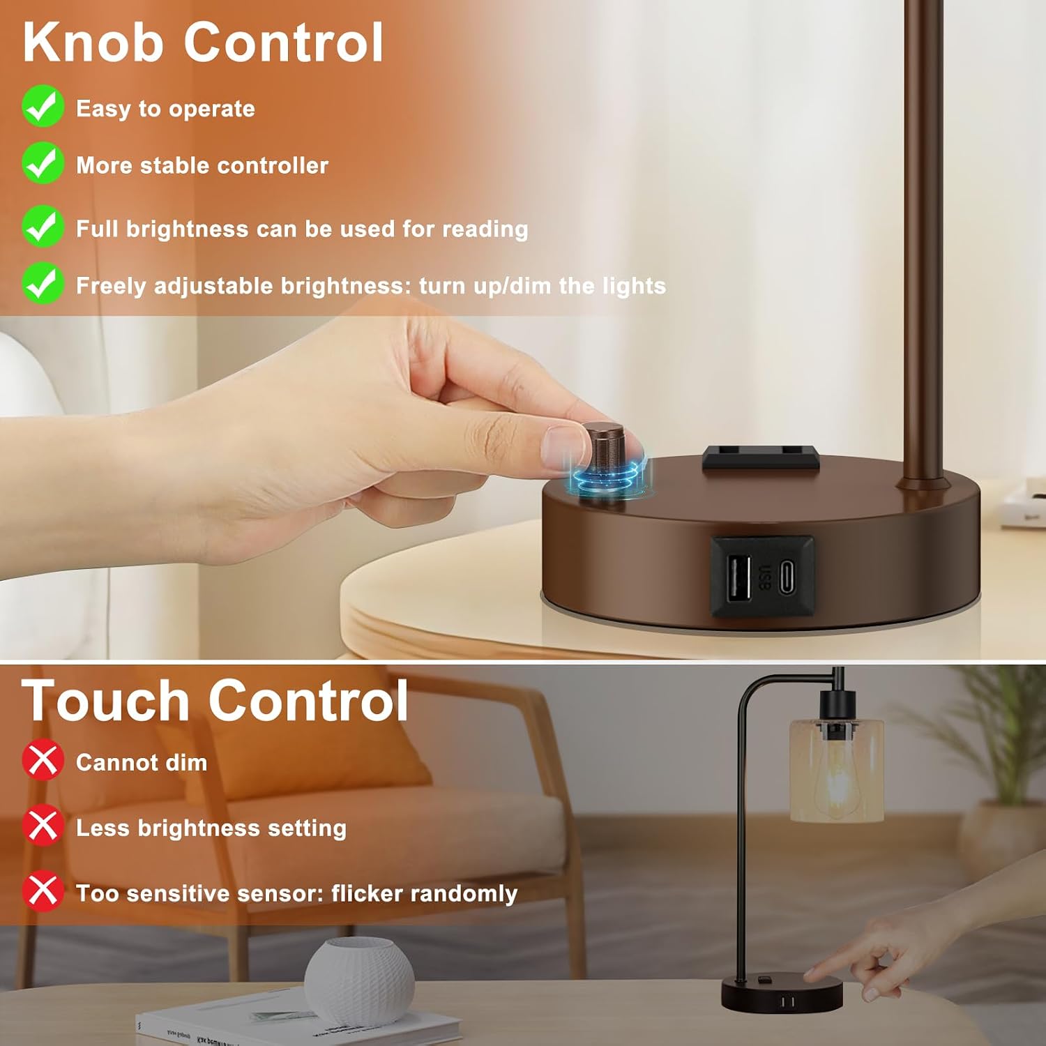Innqoo Industrial Table Lamps for Bedrooms Set of 2 - Fully Dimmable Bedside Lamps with USB Ports and Outlet, Brown Nightstand Lamps with…
