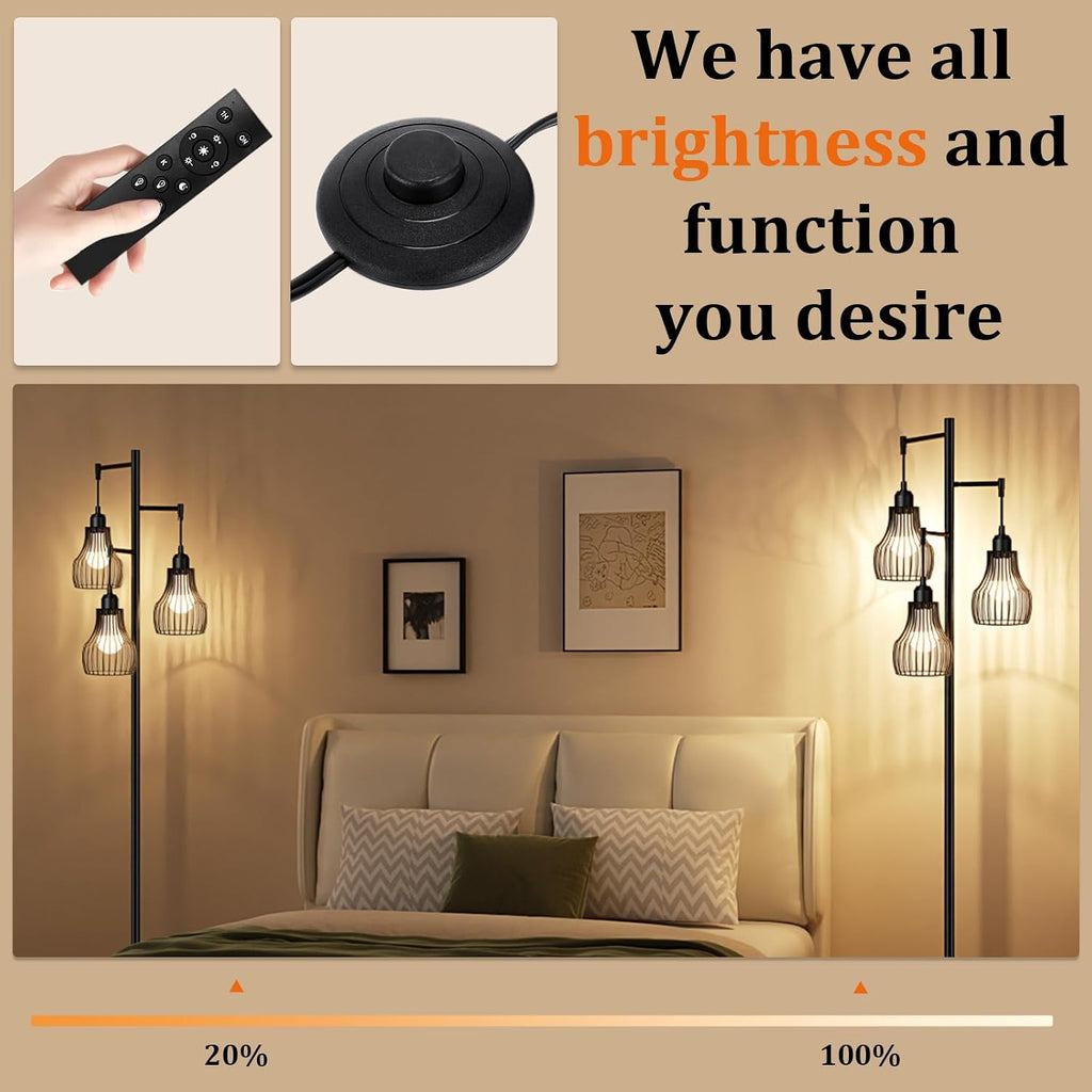 Ziisee Dimmable Floor Lamps for Living Room, Farmhouse Tree Standing Tall Lamp with Remote Control 3 Elegant Cage Shade LED Bulbs for…