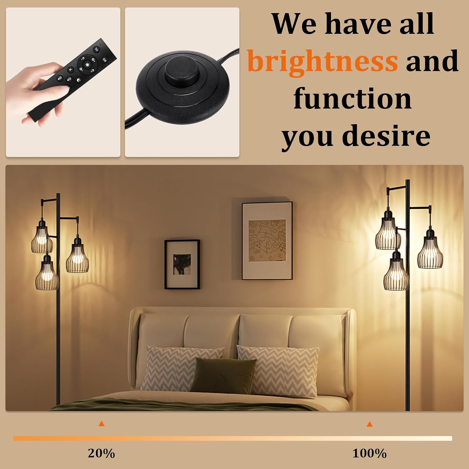 Ziisee Dimmable Floor Lamps for Living Room, Farmhouse Tree Standing Tall Lamp with Remote Control 3 Elegant Cage Shade LED Bulbs for…