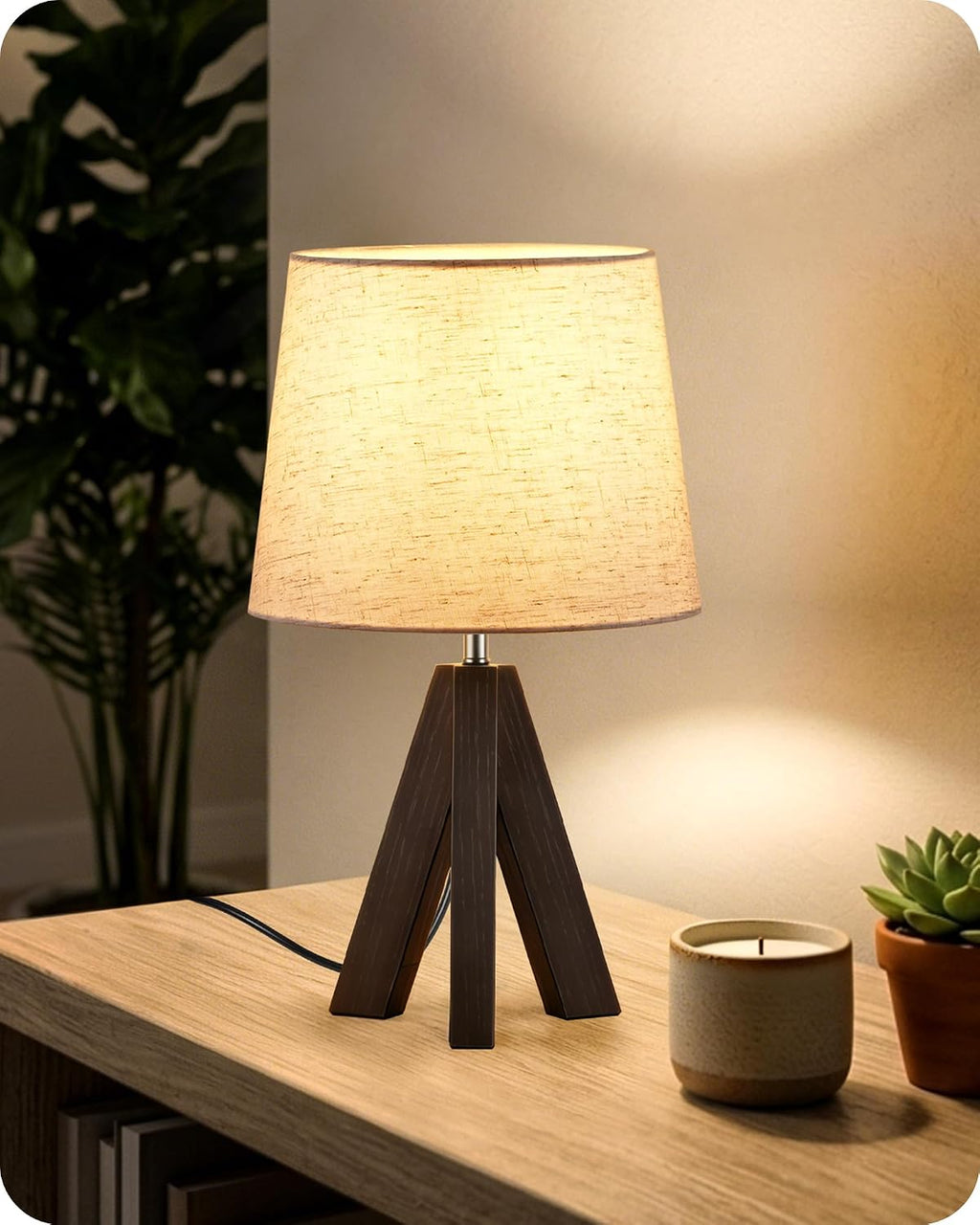 Tripod Table Lamp, 14.6 Inch Small Bedside Lamp with Beige Linen Shade & Dark Walnut Base, Modern Nightstand Lamp for Bedroom, Kids Room…