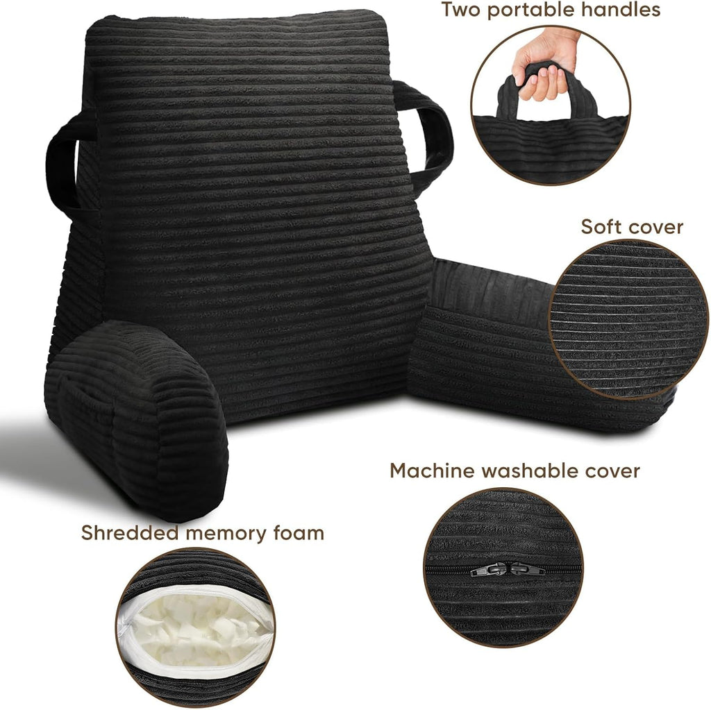Reading Pillow for Sitting in Bed Adult, Bed Reading Pillow with Shredded Memory Foam, Back Pillow for Sitting with Arms and Pockets, Black
