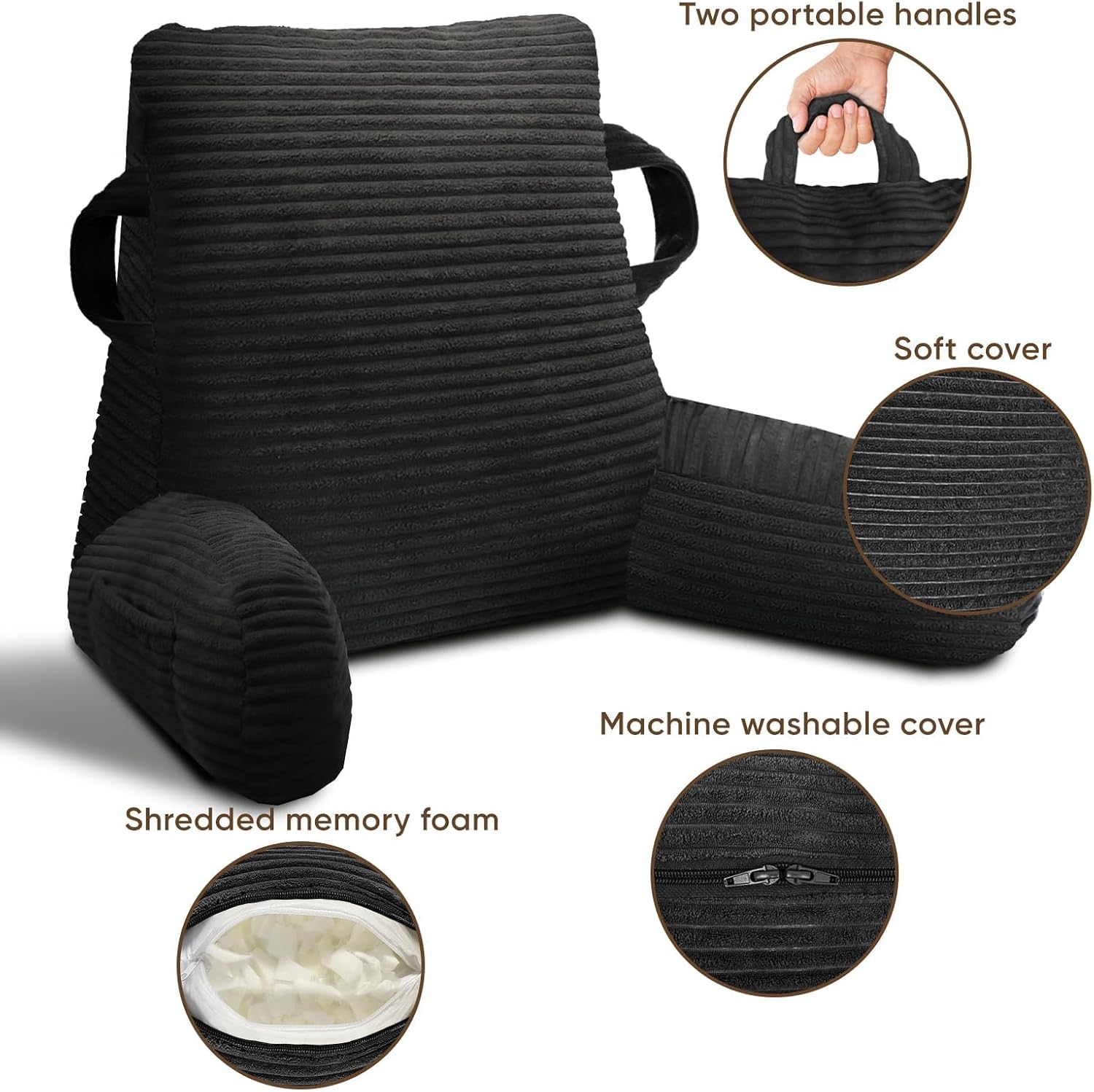 Reading Pillow for Sitting in Bed Adult, Bed Reading Pillow with Shredded Memory Foam, Back Pillow for Sitting with Arms and Pockets, Black