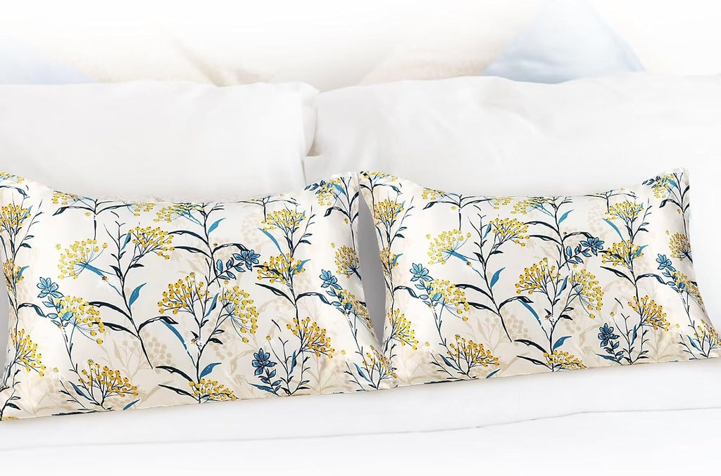 MANSPHIL Rustic Floral Silk Pillow Cases King, Botanical Printed 22 Momme Mulberry Silk Top with Satin Underside Pillowcase for Hair and…