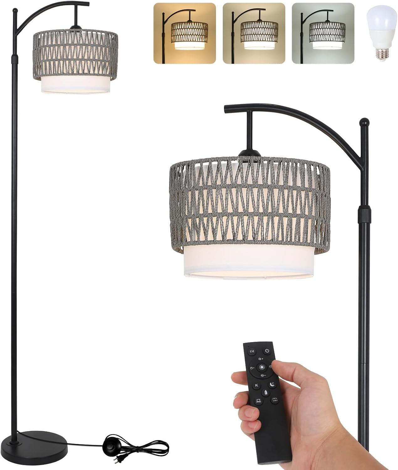 eyassi Floor Lamps for Living Room, Arc Standing Lamp with Remote & Dimmable Bulb, Boho Rattan Floor Lamp for Bedroom with 3 Color…