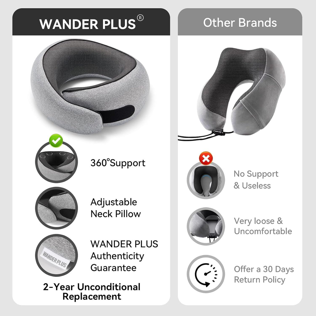 WANDER PLUS® Travel Pillow, 100% Pure Memory Foam Travel Neck Pillow Airplane Neck Support Ergonomic Design Best for Sleeping Plane Car…