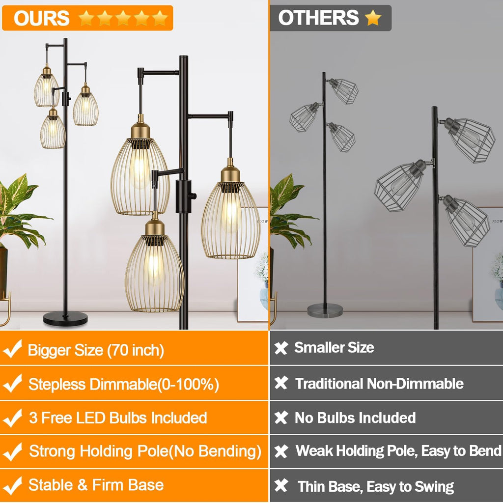 Dimmable Floor Lamp, Industrial Floor Lamps for Living Room, Gold and Black Tree Lamp Standing Lamp Tall Lamps with 3 Elegant Teardrop…