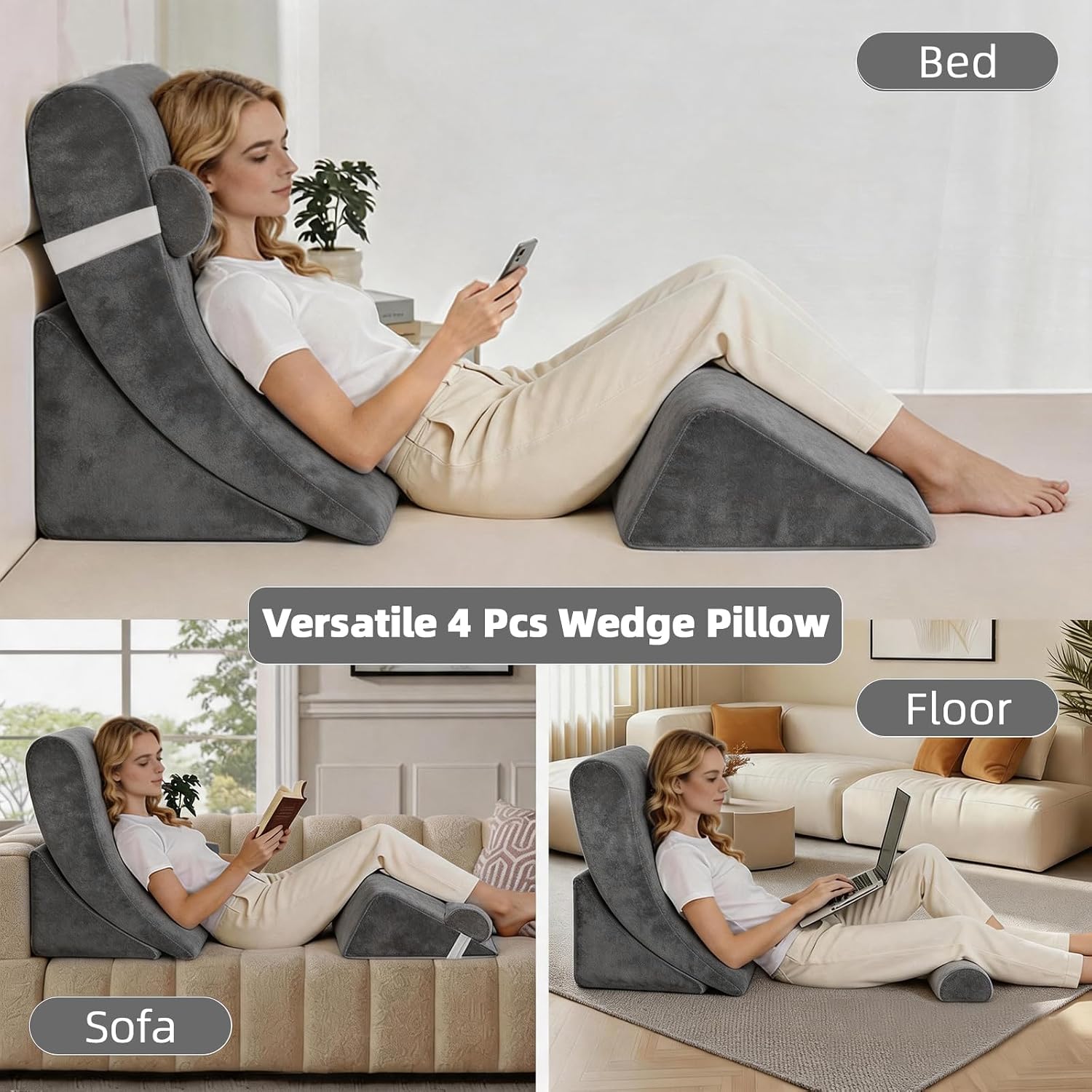 LevNubis 4PCS Orthopedic Bed Wedge Pillow Set for Post Surgery&, Adjustable Wedge Pillow for Back, Acid Reflux, Sitting up in Bed, Recov…