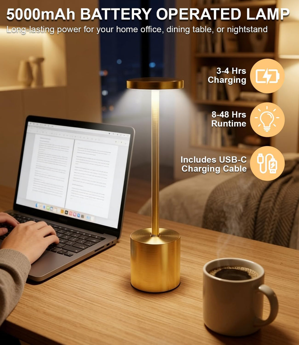 Swinerton Cordless Table Lamp Set of 2, Gold 5000mAh Rechargeable Battery Operated Lamps, Wireless 3 Color Dimmable Touch Lamp Table…