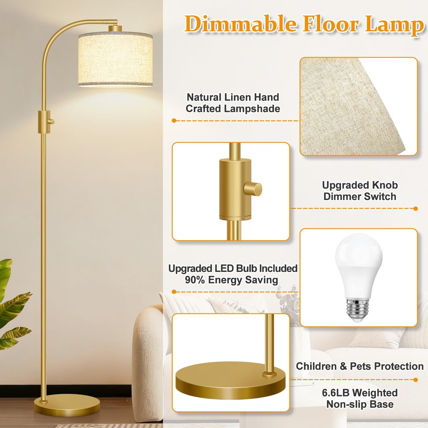 Nintiue Upgraded Modern Arc Dimmable Tall Standing Floor Lamp with Linen Shade, 1200 Lumens LED Bulb Included, for Living & Reading Room…
