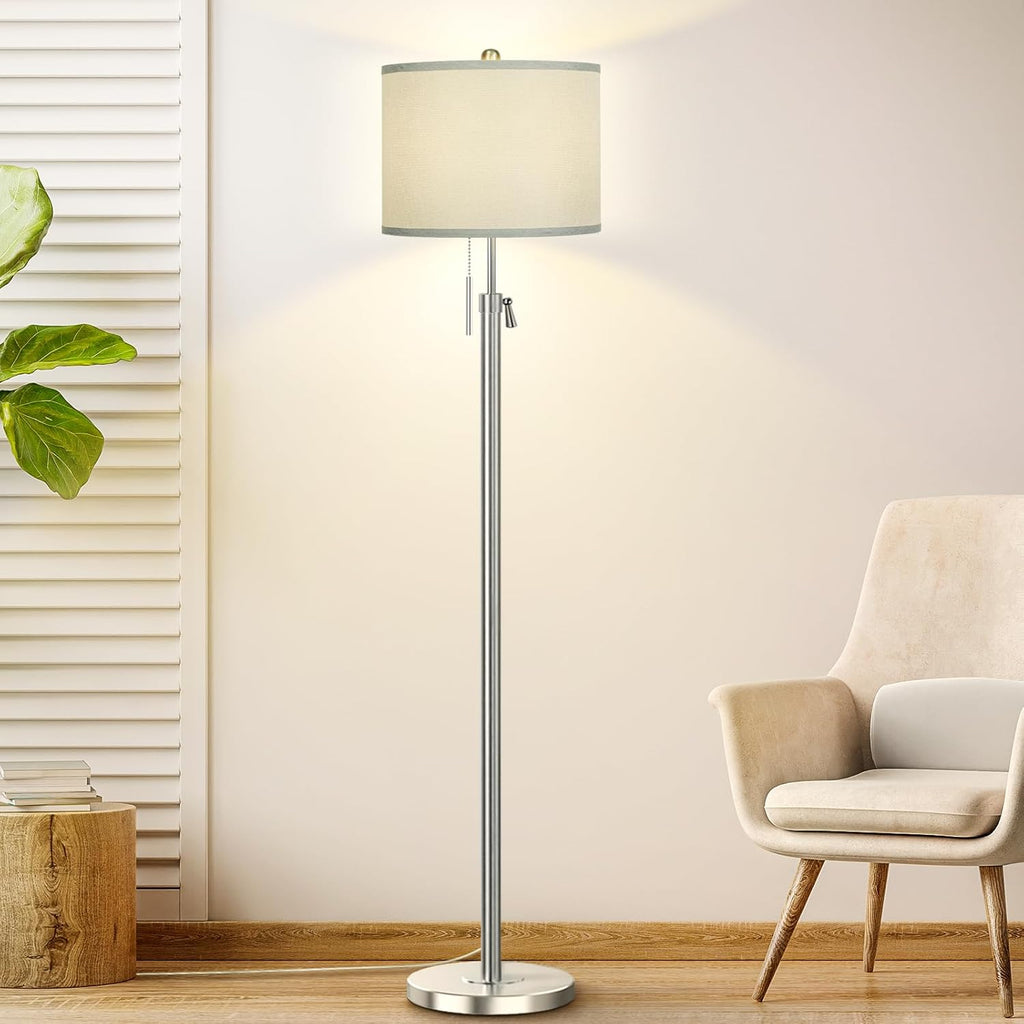 Brushed Nickel Floor Lamp for Living Room, Adjustable Height Standing Lamp with Metal Base, Tall Pole Light with Grey Shade for Bedroom…