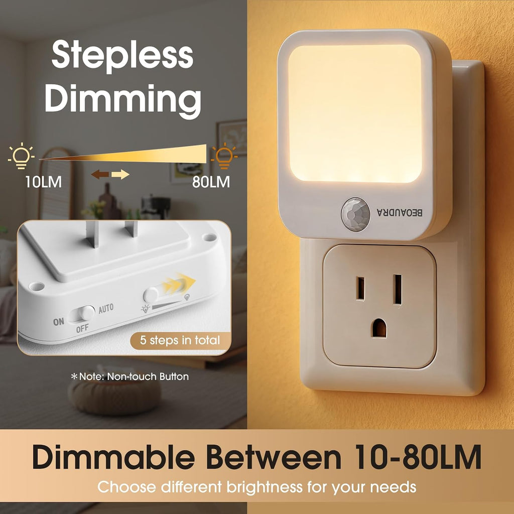 BEOAUDRA Motion Sensor Night Light Plug in - 5 Level Dimmable Warm White LED, Ultra Auto Shut-Off Nightlight for Bedroom Bathro…