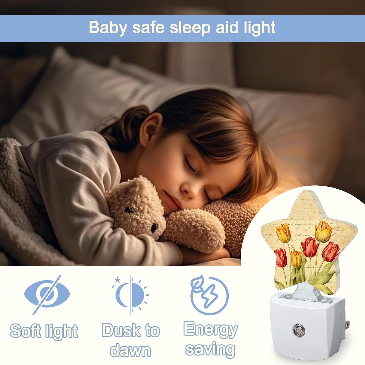 Snowmolle Vintage Tulips Nightlight, Spring Flowers Star Night Lights Plug into Wall Decorations for Bedroom Bathroom, Dusk to Dawn Sensor Ki…