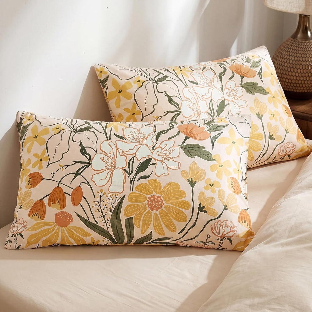 Bedorm 100% Cotton Pillowcases Set of 2 King Size Pillow Cover Yellow Floral Botanical Pillow Cases Soft & Breathable Pillowcases with Pock…