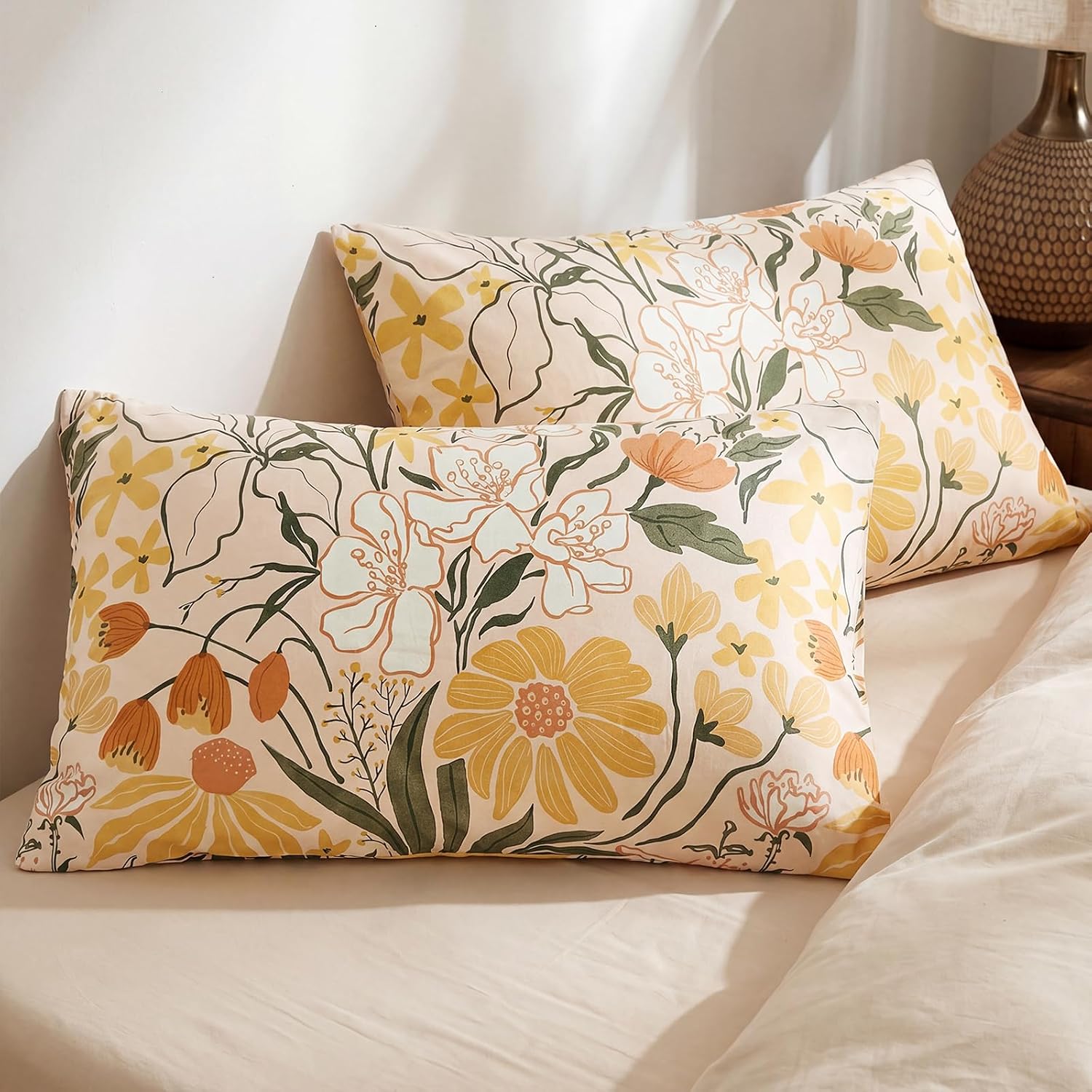 Bedorm 100% Cotton Pillowcases Set of 2 King Size Pillow Cover Yellow Floral Botanical Pillow Cases Soft & Breathable Pillowcases with Pock…