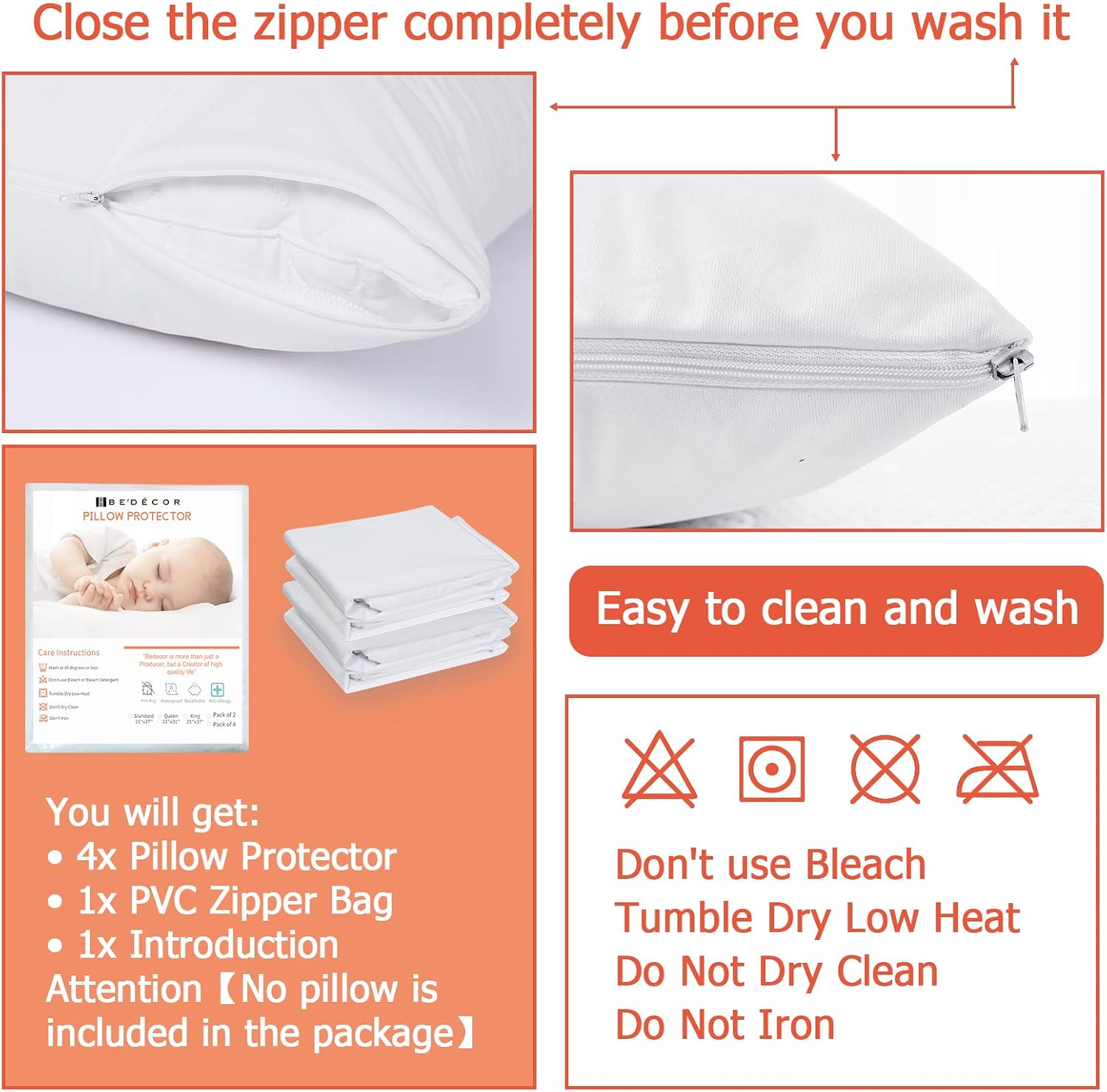 Bedecor Queen Pillow Protector with Zipper 4 Packs, Waterproof Pillow Covers Encasement Smooth Dust Proof with Breathable Holes Allow Air…